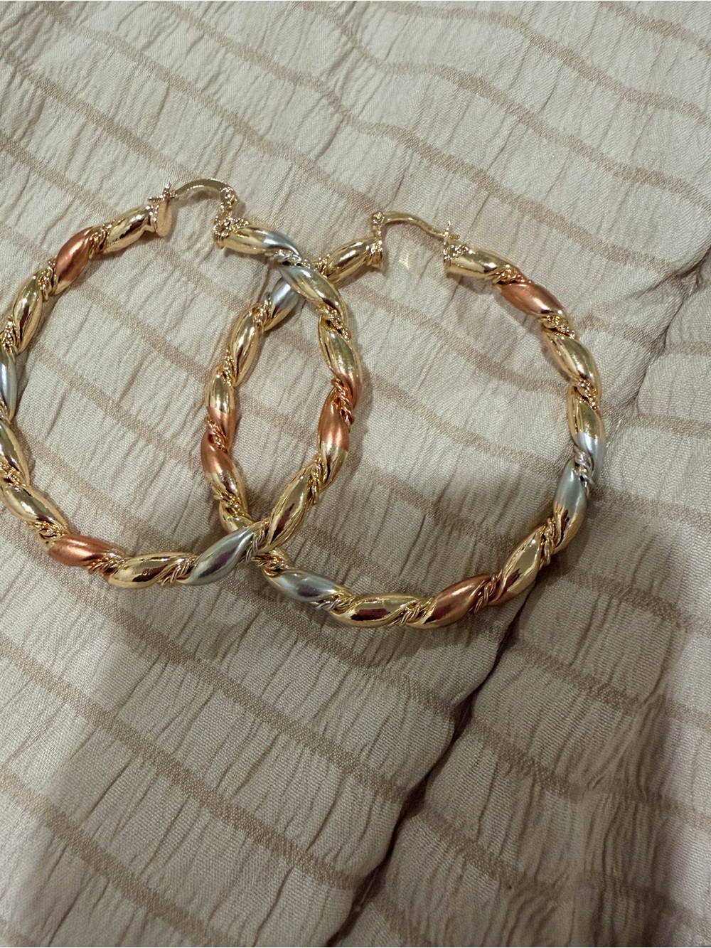 Tri-Tone Twist Hoop Earrings – Gold, Silver & Rose Gold fill